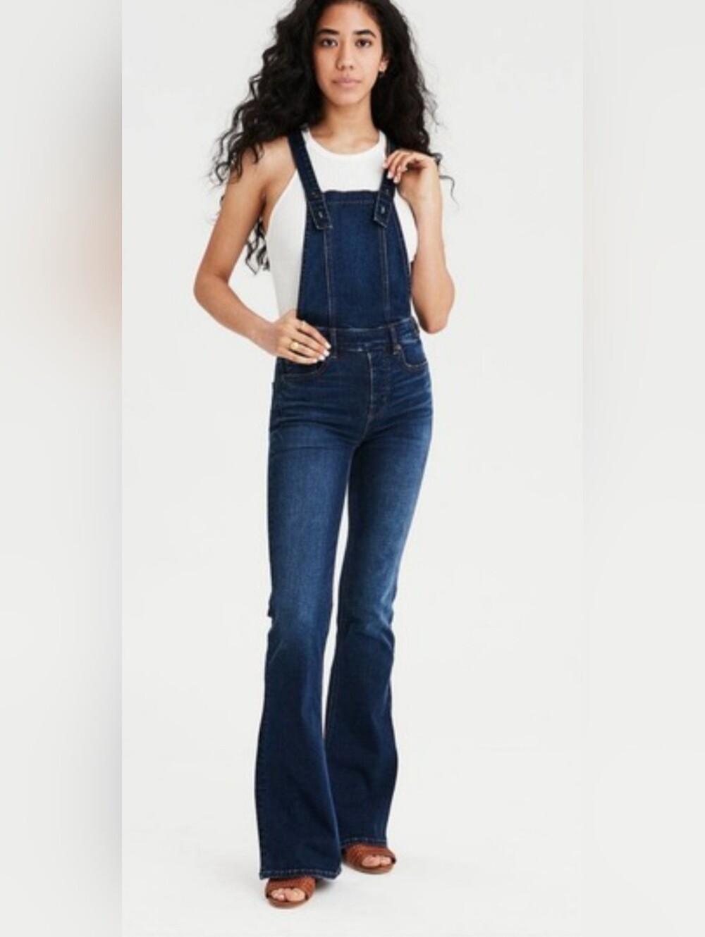 Bnwt American Eagle Outfitters Dark Blue Stretch Denim Flared Overalls.